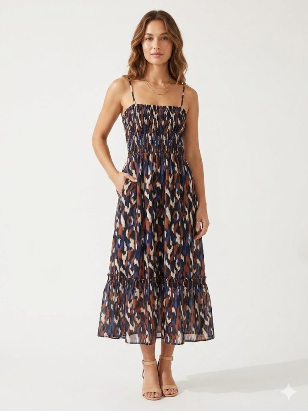 Evereve Smocked Midi Sundress Blue Rust Abstract Print Size Large